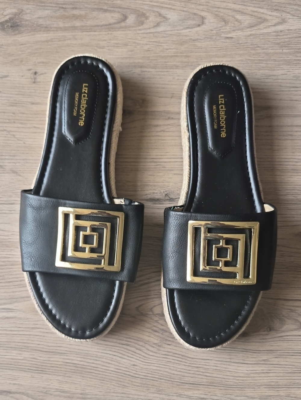 Liz Claiborne Black Slide Sandals with Gold Geometric Buckle